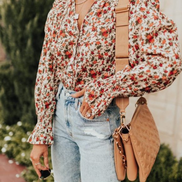 Free People Top XS Floral Orange Green Puff Sleeve Cotton Boho Blouse Women's - Picture 3 of 15